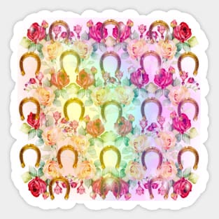 Pattern. Roses, Rainbow and Gold Horseshoes Sticker